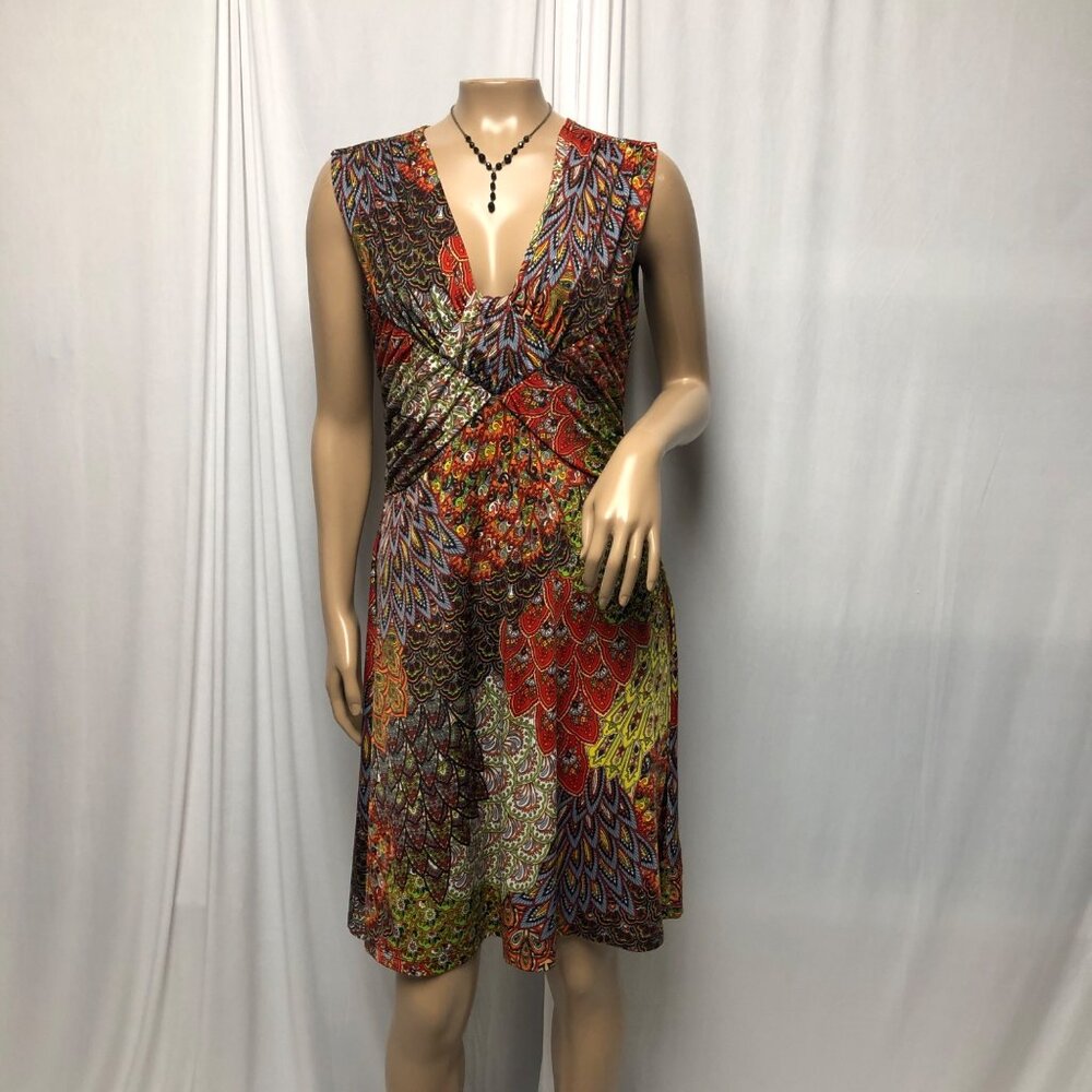 MT Collection Dress Womens Sz Large Colorful Paisley Stretchy Sleeveless V Neck